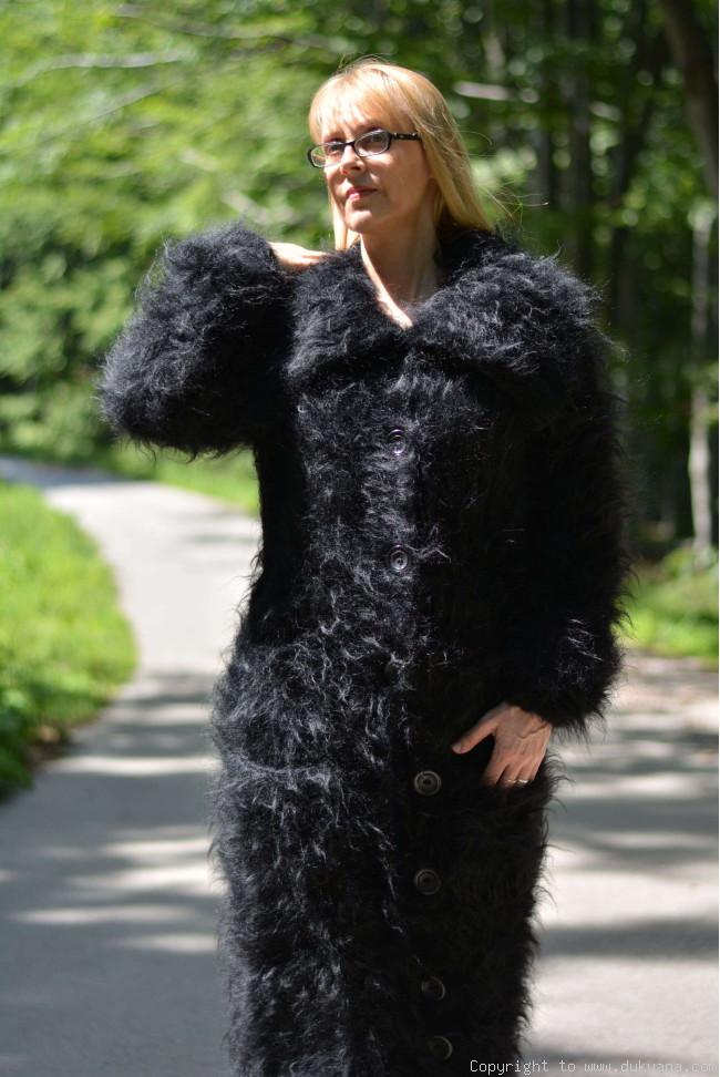 handmade mohair cardigan fuzzy long knitted jacket black CA57